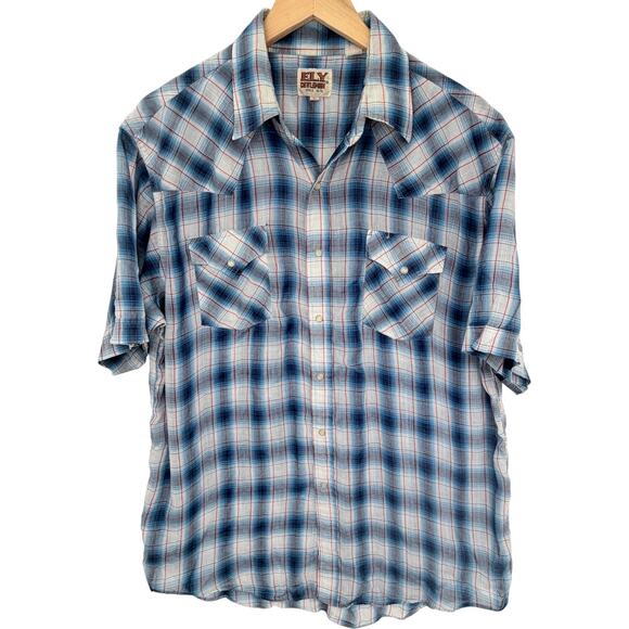 Ely Cattleman Other - ELY Cattleman Pearl Snap Western Shirt Mens Large Blue Plaid Short Sleeve Cowboy